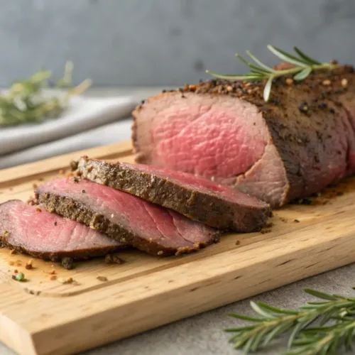 Sliced beef tenderloin roast with herb crust on wood tabletop