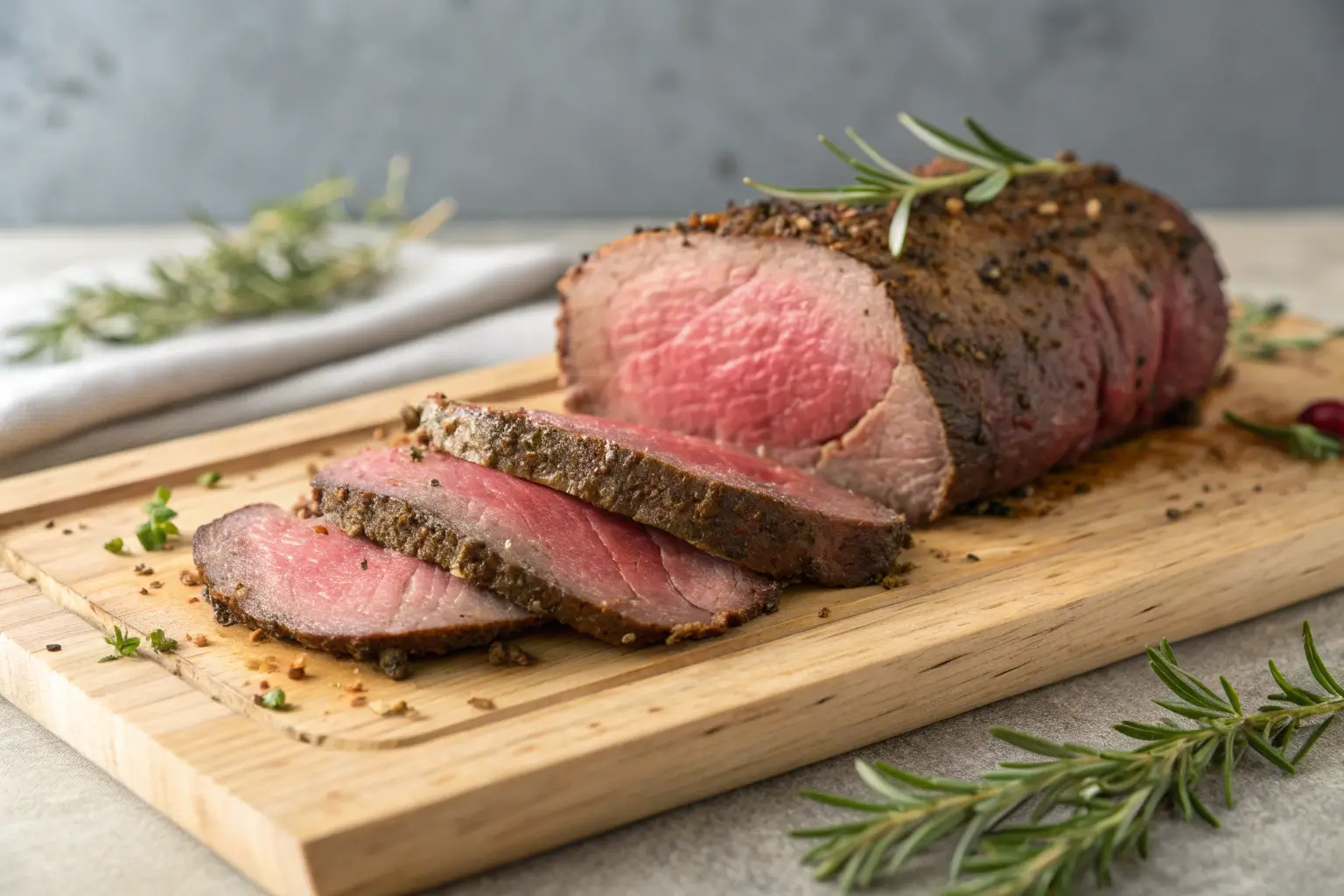Sliced beef tenderloin roast with herb crust on wood tabletop