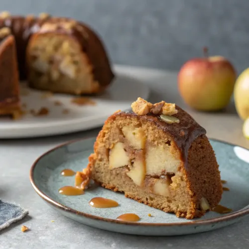 moist apple Bundt cake slice with caramel drizzle on gray background