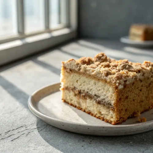 slice of moist coffee cake with sour cream streusel topping