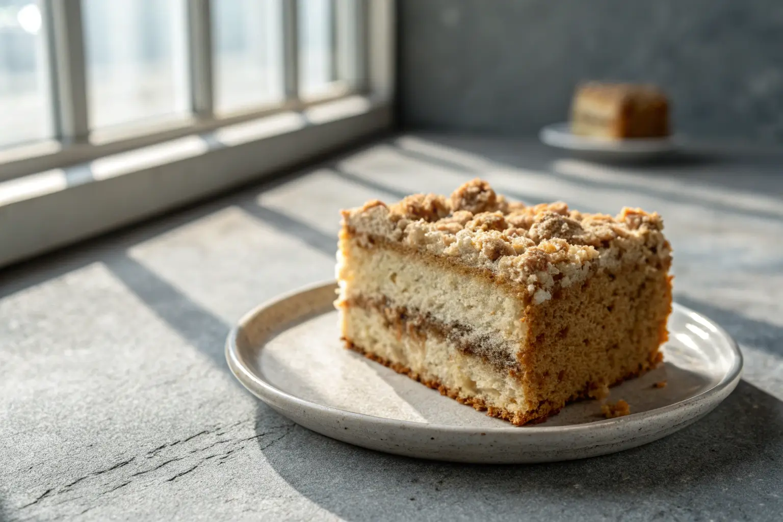 slice of moist coffee cake with sour cream streusel topping