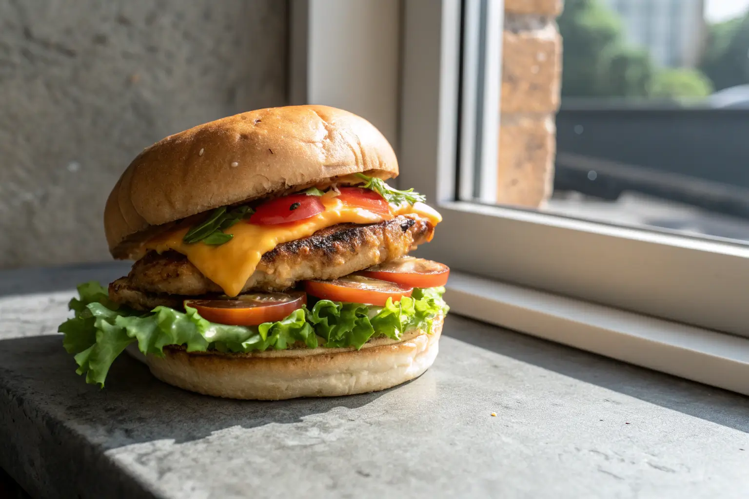 Juicy grilled chicken sandwich with lettuce and tomato on toasted bun