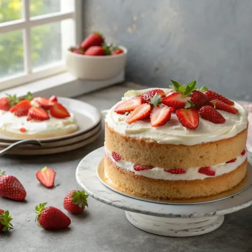 Two-layer strawberry cake with cream cheese frosting and fresh strawberries on top