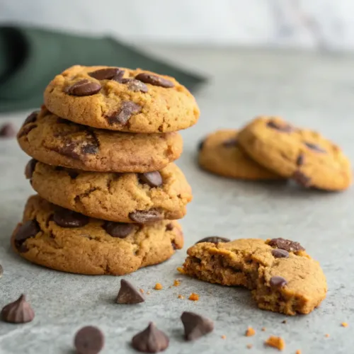 Brown butter pumpkin chocolate chip cookies stacked on gray surface