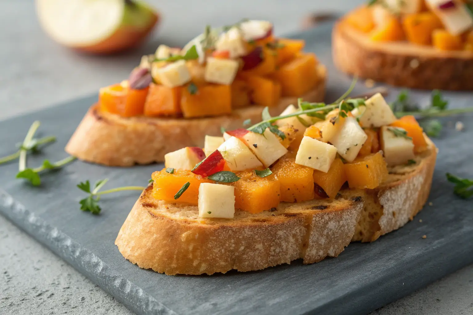 Butternut squash and apple bruschetta on toasted baguette slices with goat cheese