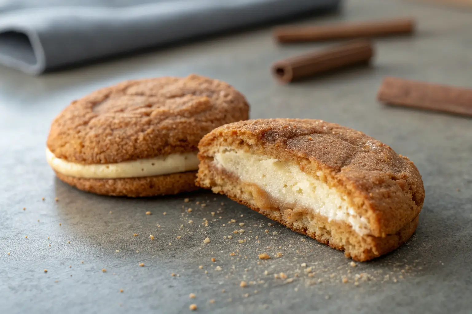 Cheesecake stuffed snickerdoodle cookie with cinnamon sugar coating