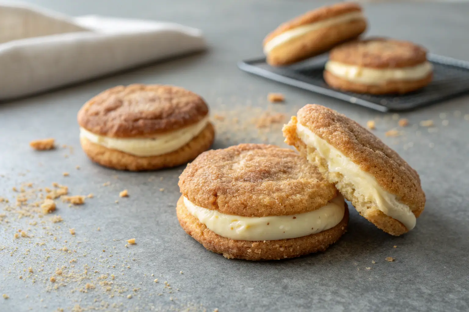 Cheesecake stuffed snickerdoodle cookies with cinnamon sugar coating