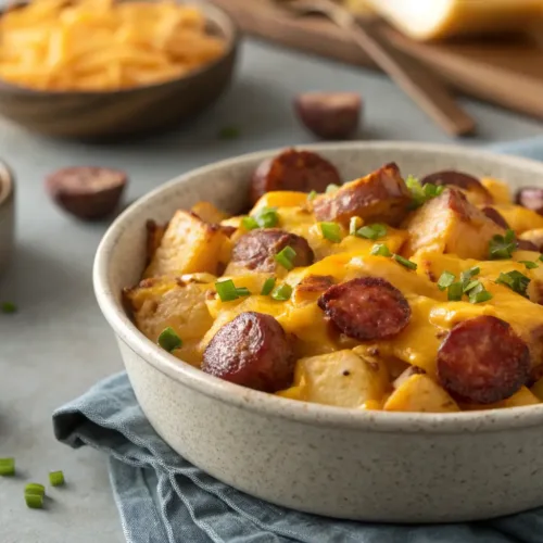 Cheesy ranch potatoes with smoked sausage and melted cheddar cheese
