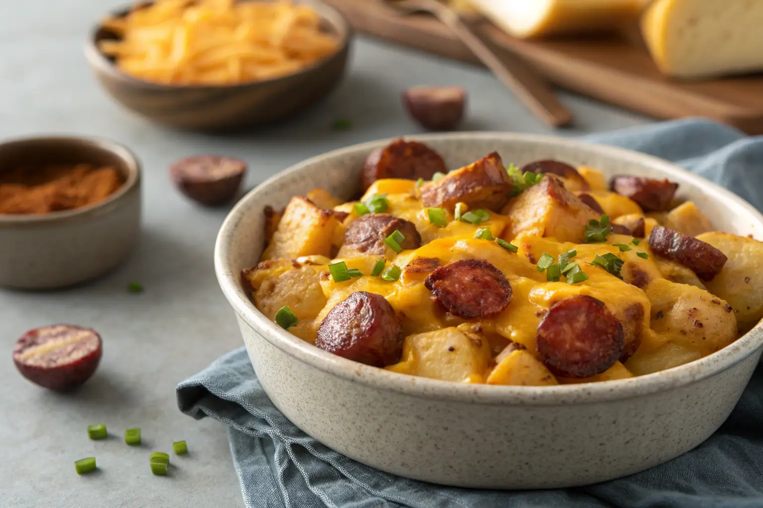 Cheesy ranch potatoes with smoked sausage and melted cheddar cheese