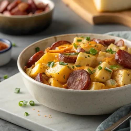 Cheesy ranch potatoes with smoked sausage and melted cheddar cheese