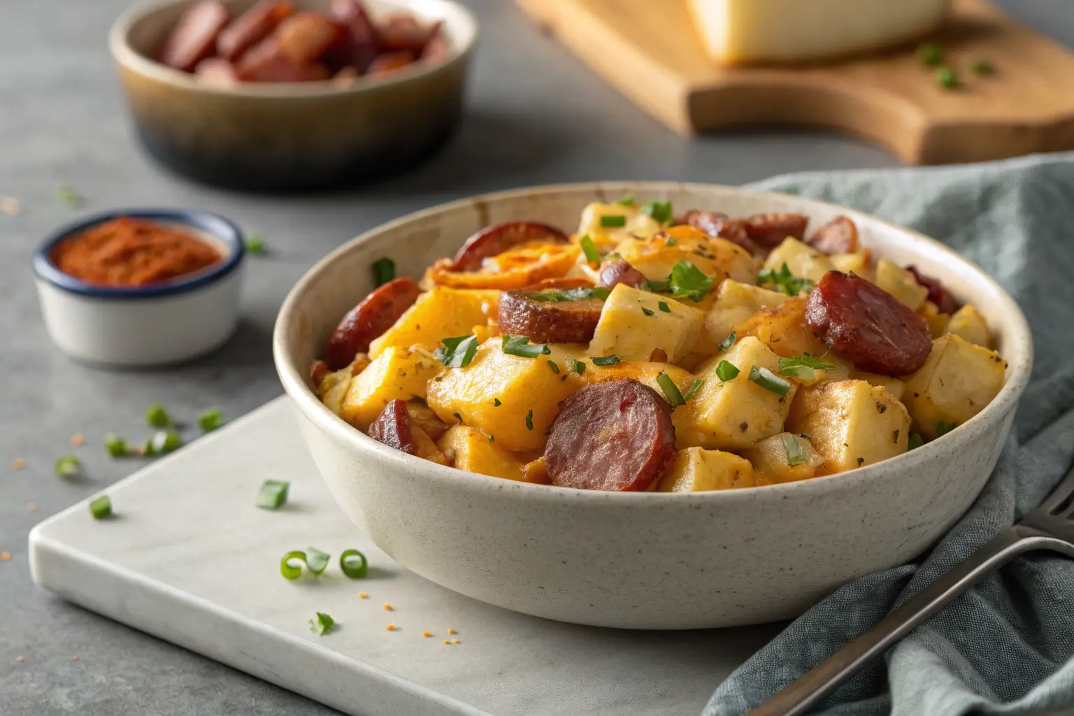 Cheesy ranch potatoes with smoked sausage and melted cheddar cheese