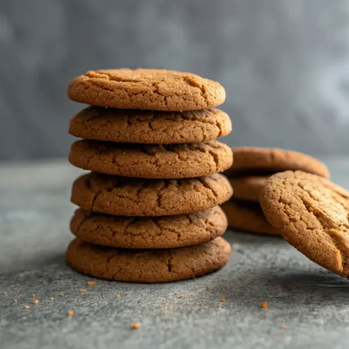 Soft chewy gingerbread cookies stacked on gray background