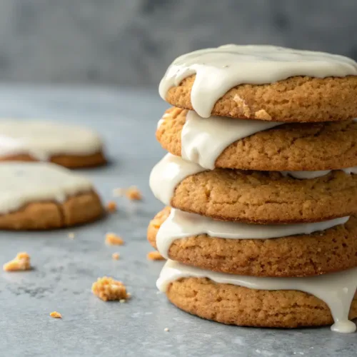 Chewy maple cookies dipped in white chocolate on gray background