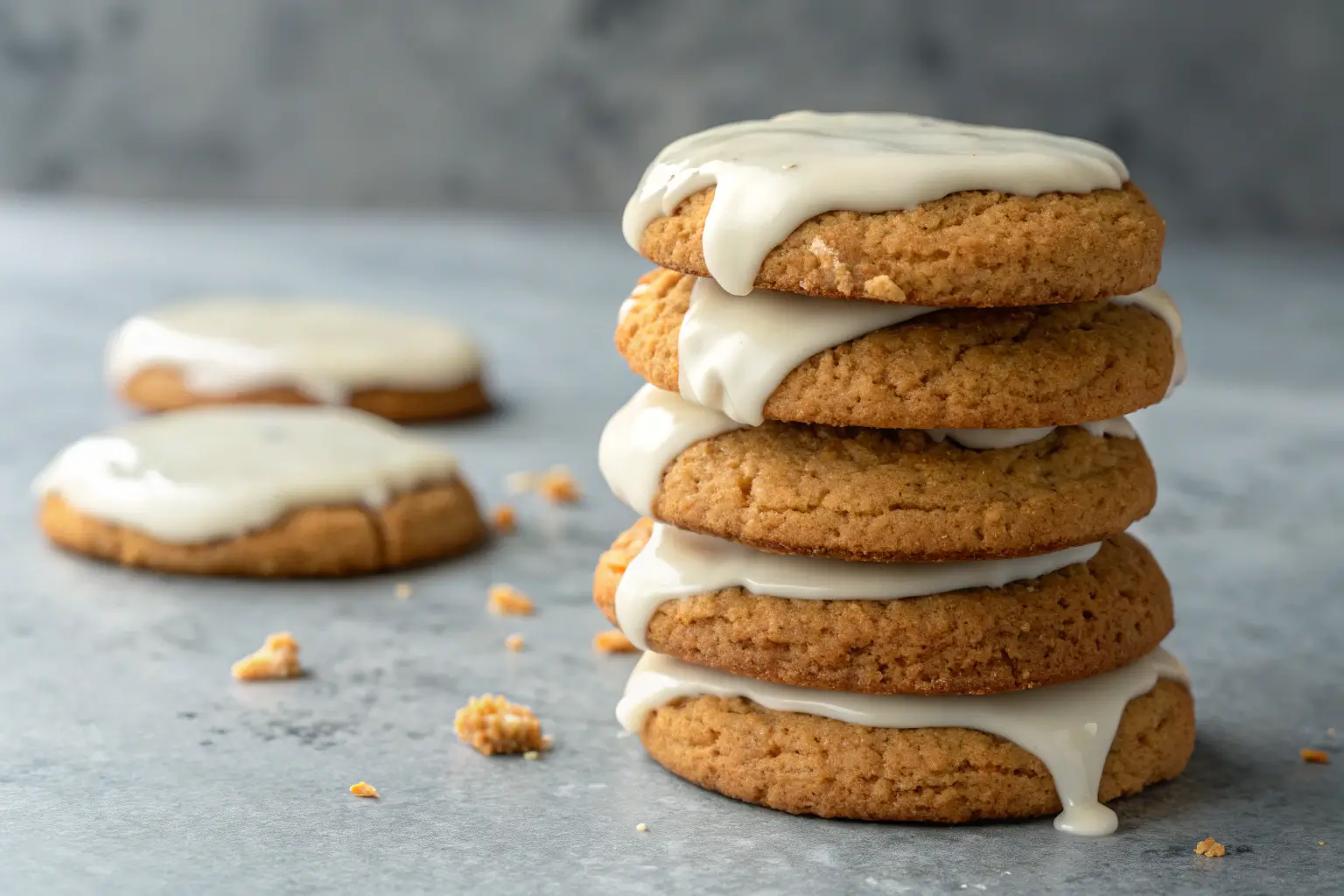 Chewy maple cookies dipped in white chocolate on gray background