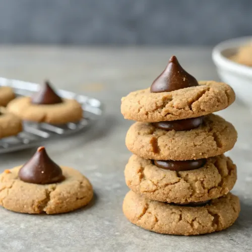 Stack of chewy peanut butter blossom cookies with chocolate kisses on top