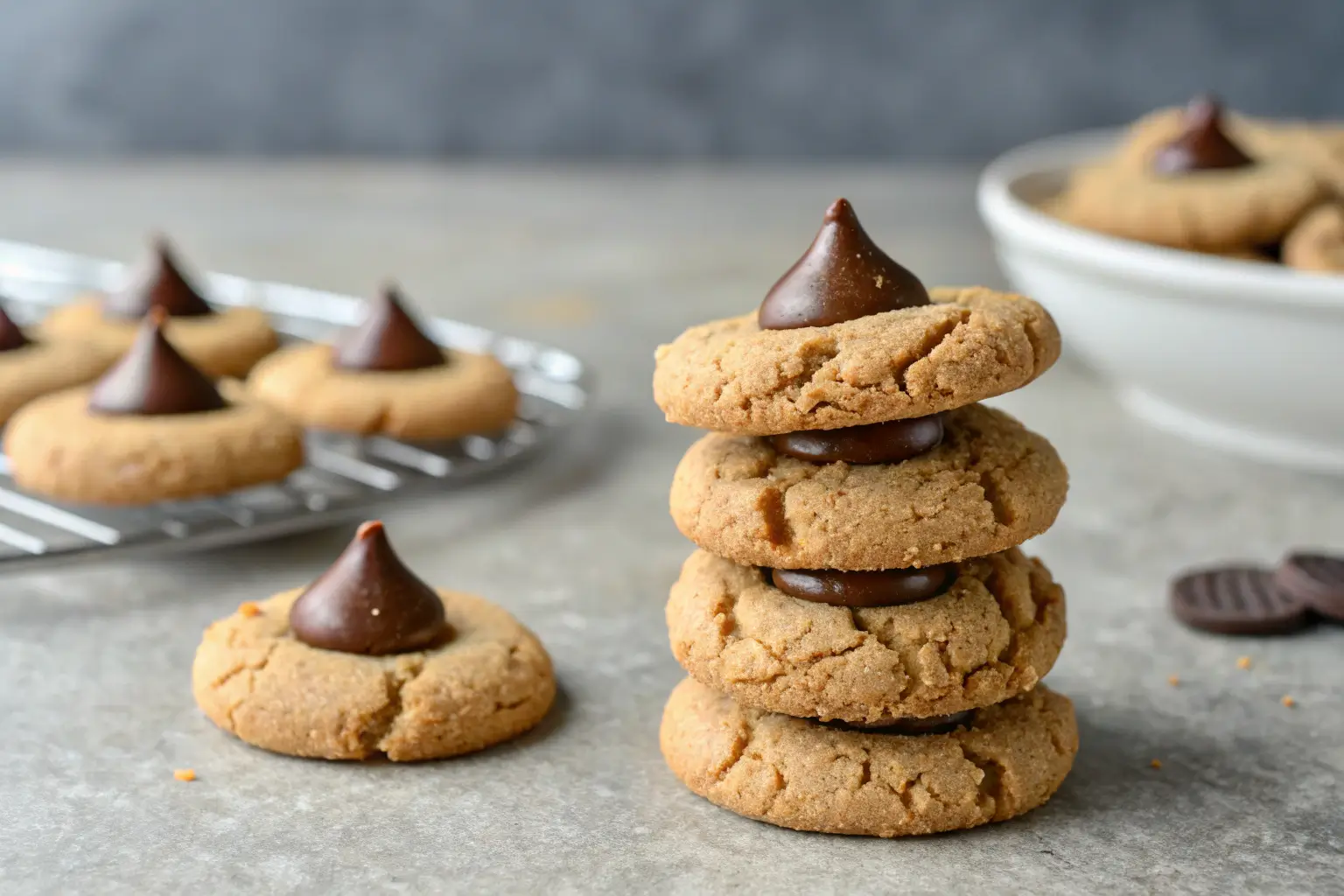 Stack of chewy peanut butter blossom cookies with chocolate kisses on top