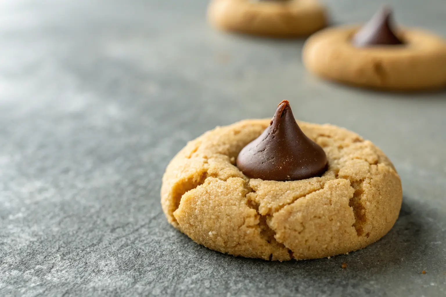 peanut butter blossom cookie with chocolate kiss center on gray surface