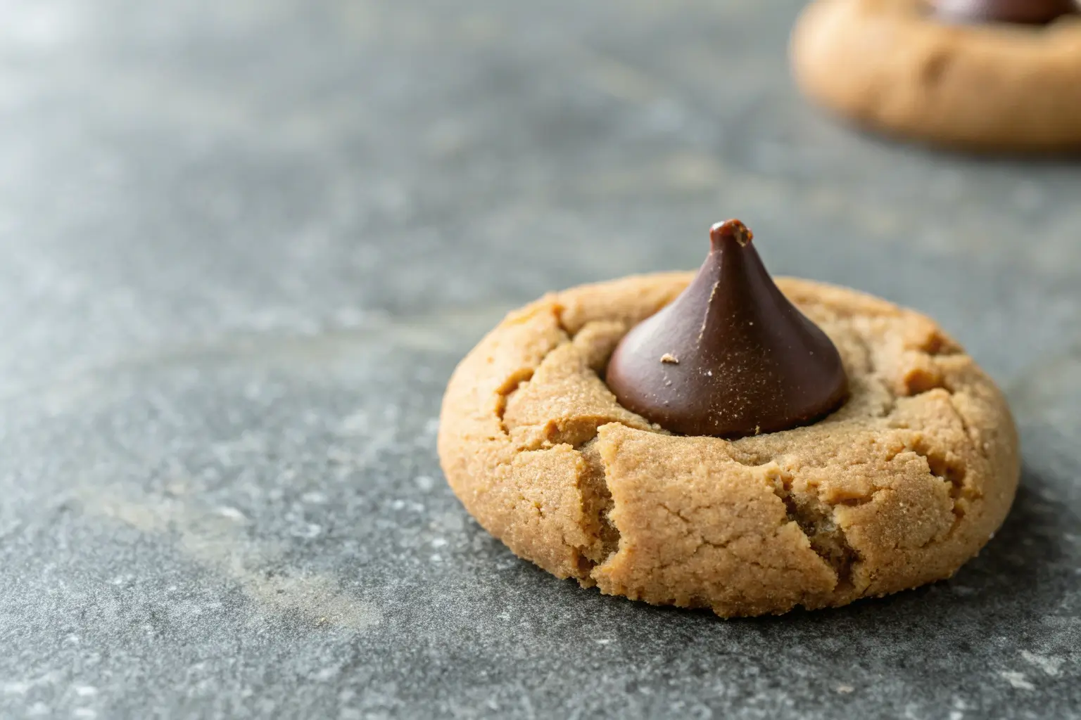 Chewy peanut butter cookie topped with a chocolate Kiss