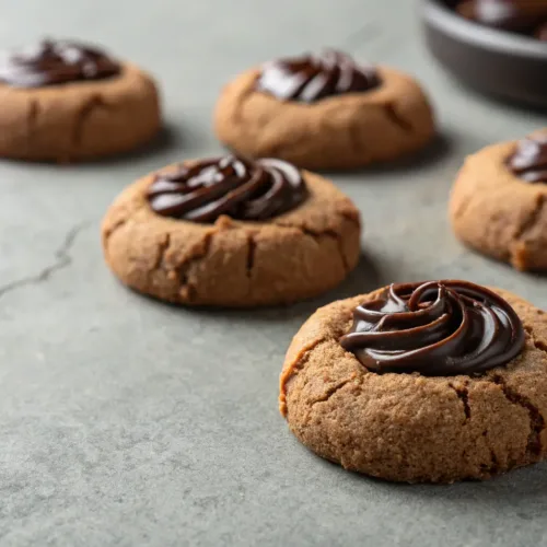 Chocolate thumbprint cookies with jam centers on gray surface