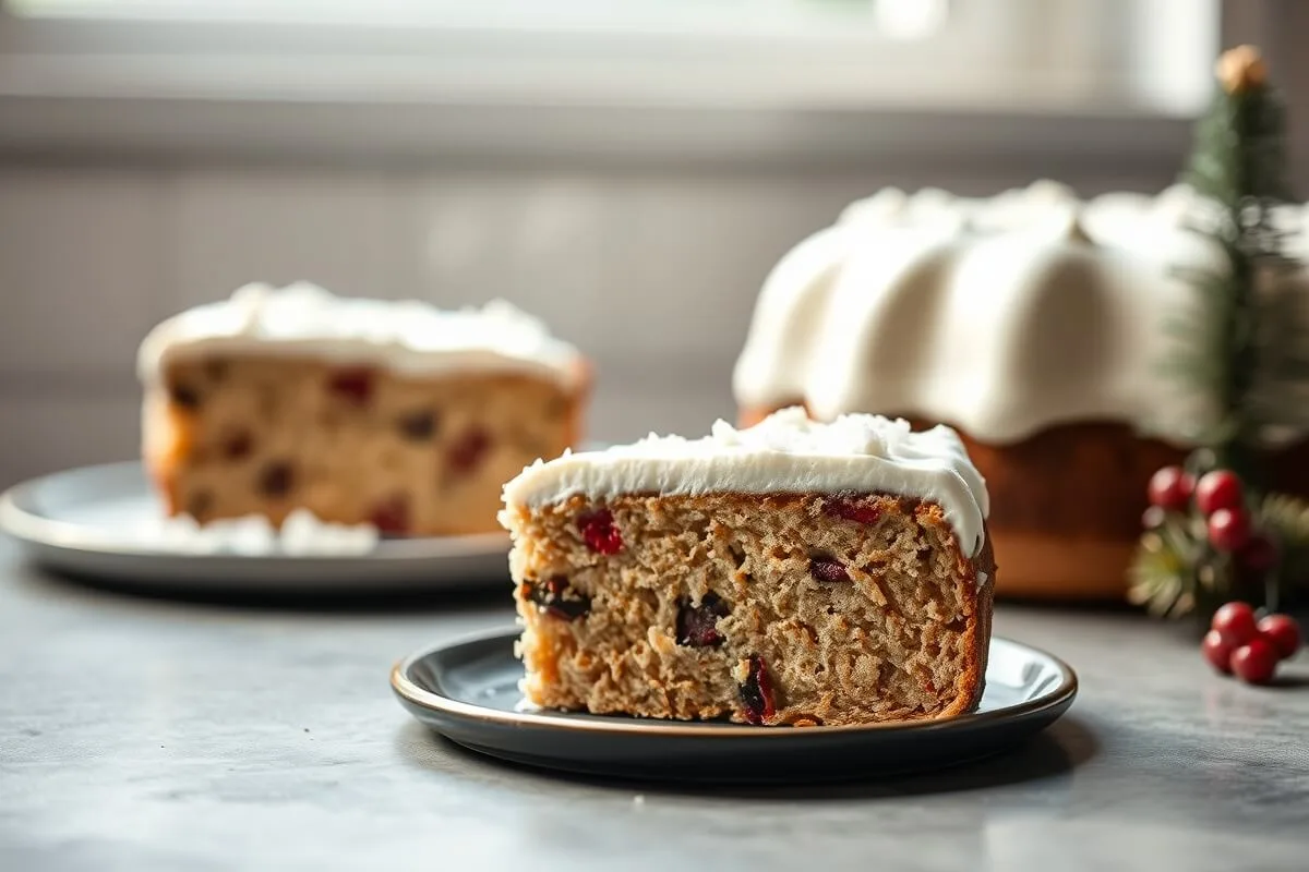 Christmas Crunch Cake slice with whipped cream and colorful sprinkles