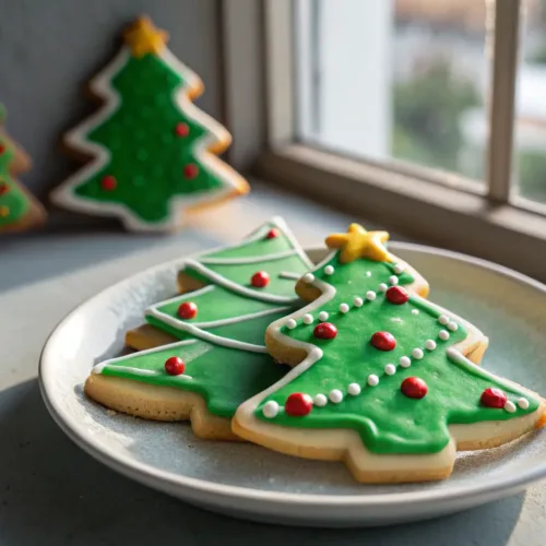 Christmas tree sugar cookies decorated with colorful royal icing