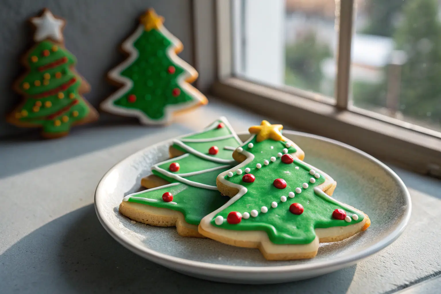 Christmas tree sugar cookies decorated with colorful royal icing