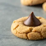 Peanut butter blossom cookie with chocolate kiss on gray background