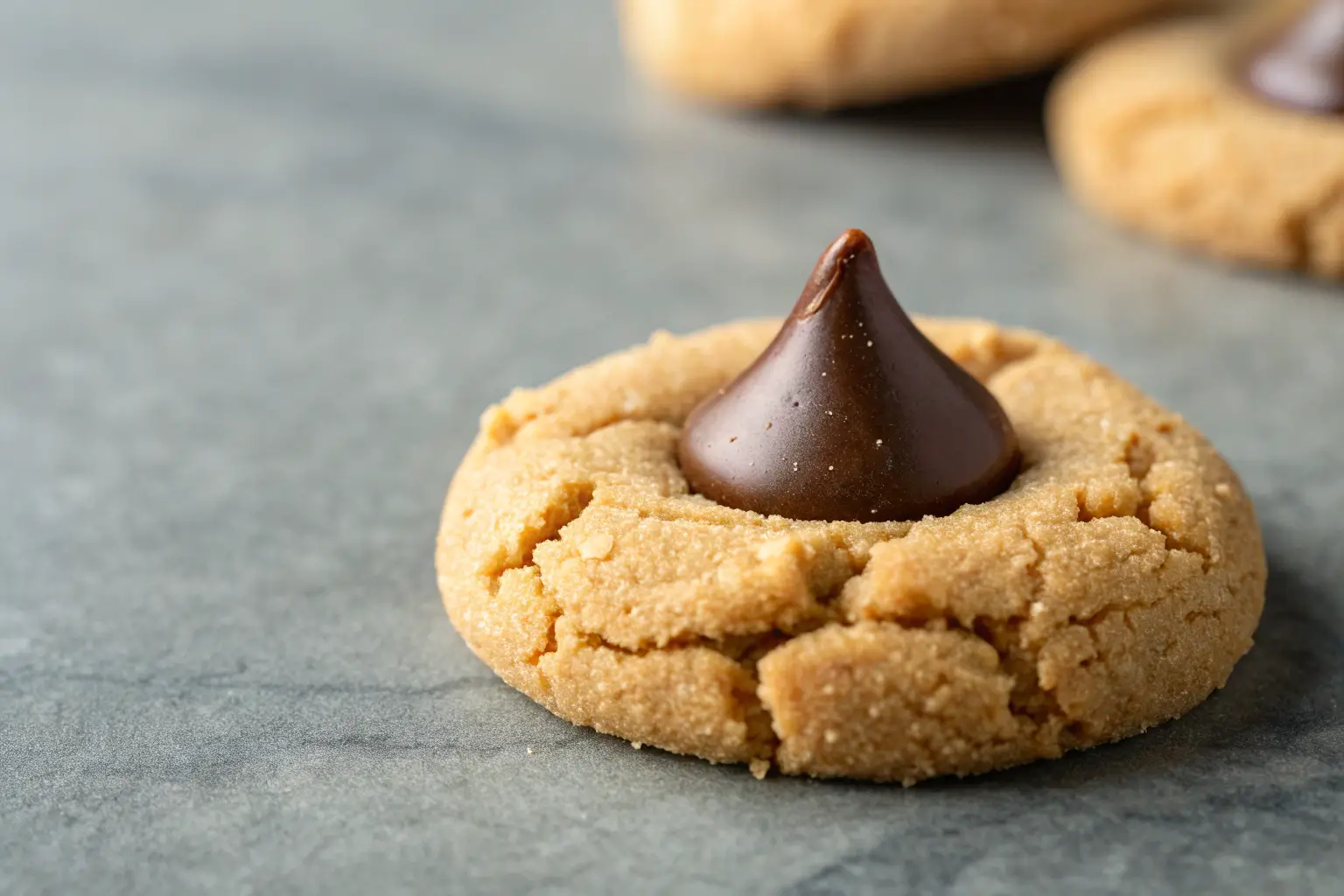 Peanut butter blossom cookie with chocolate kiss on gray background