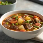 bowl of classic vegetable beef soup with beef and mixed vegetables