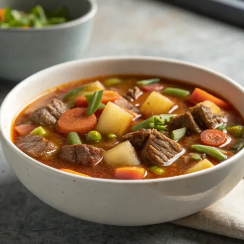 bowl of classic vegetable beef soup with beef and mixed vegetables