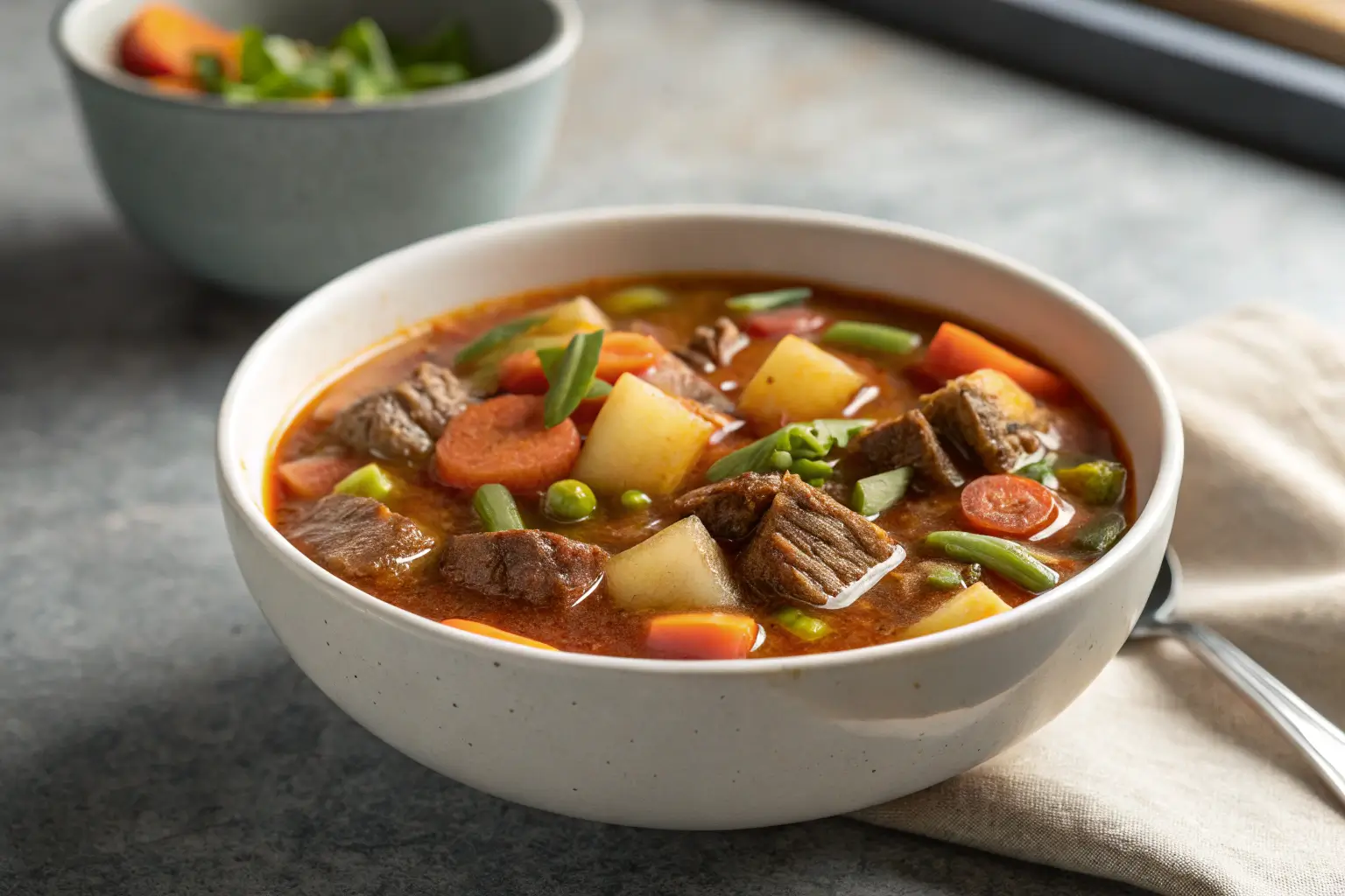 bowl of classic vegetable beef soup with beef and mixed vegetables