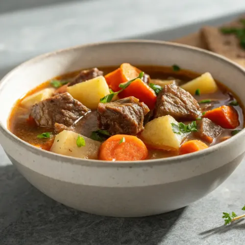 bowl of cozy beef stew with carrots and potatoes