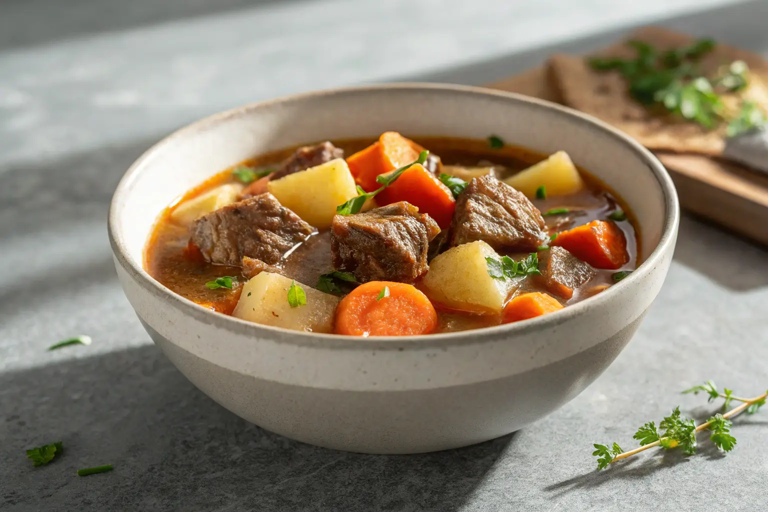 bowl of cozy beef stew with carrots and potatoes