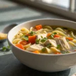 bowl of homemade chicken noodle soup with chicken, noodles, and vegetables