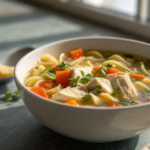 bowl of homemade chicken noodle soup with chicken, noodles, and vegetables