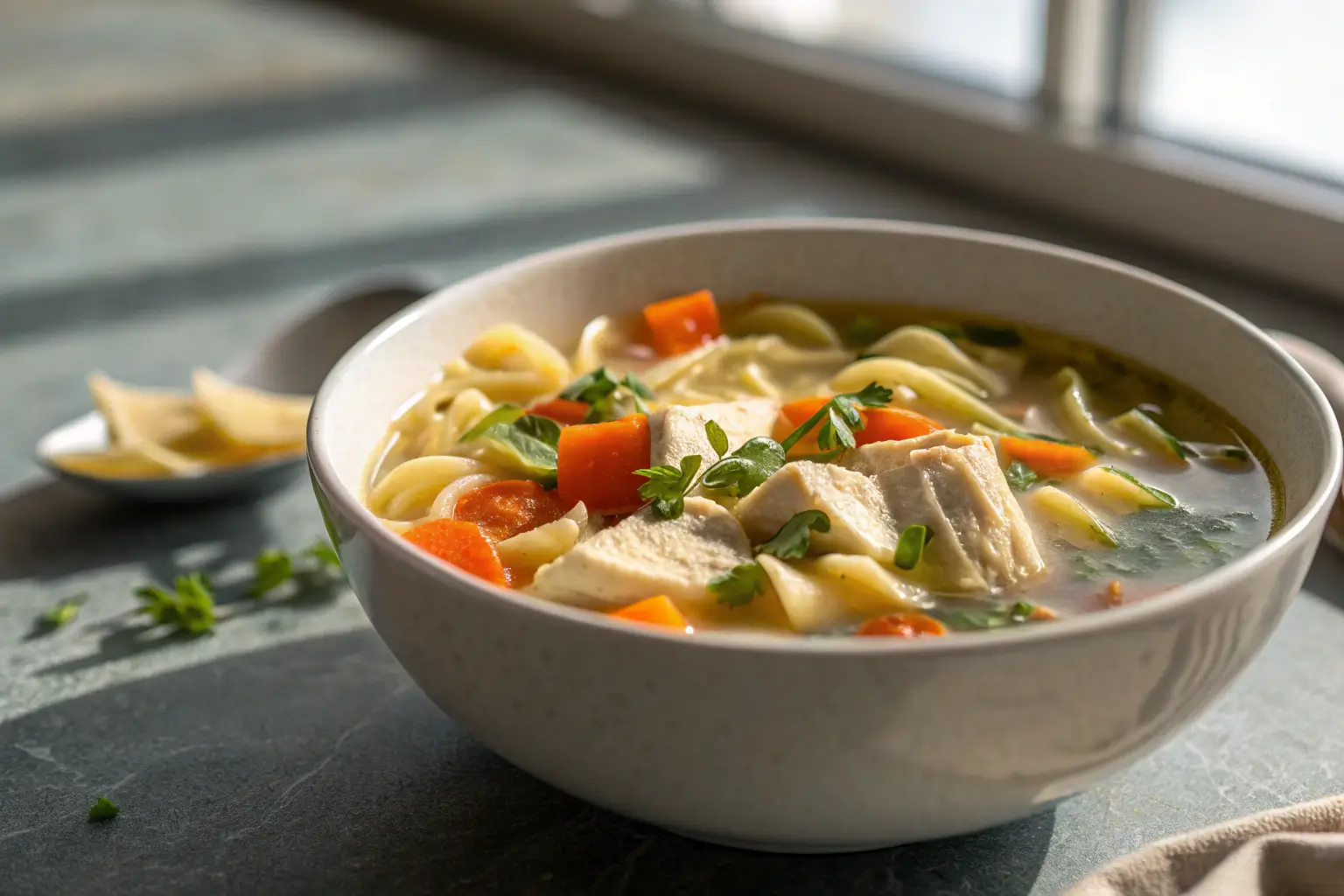bowl of homemade chicken noodle soup with chicken, noodles, and vegetables