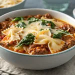 Bowl of lasagna soup with bowtie pasta, ground beef, spinach, and melted cheese