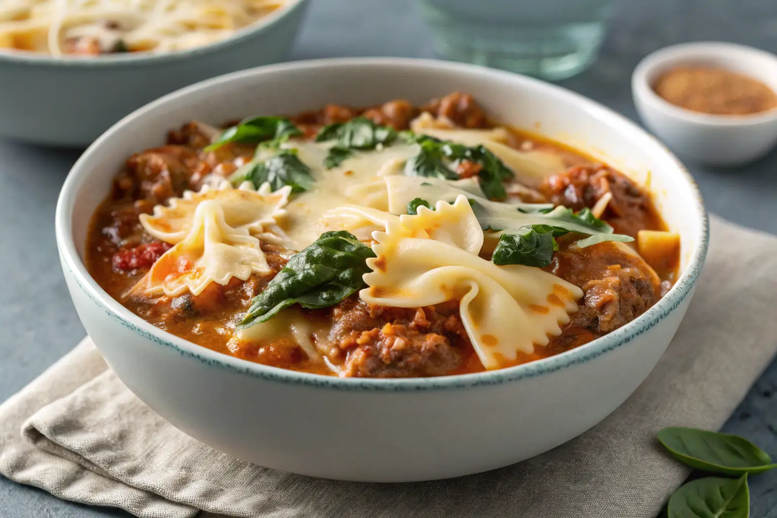 Bowl of lasagna soup with bowtie pasta, ground beef, spinach, and melted cheese