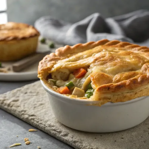 golden vegan pot pie with flaky crust and vegetable filling