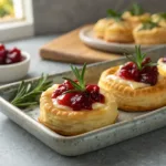 Cranberry brie puff pastry bites with golden crust and rosemary