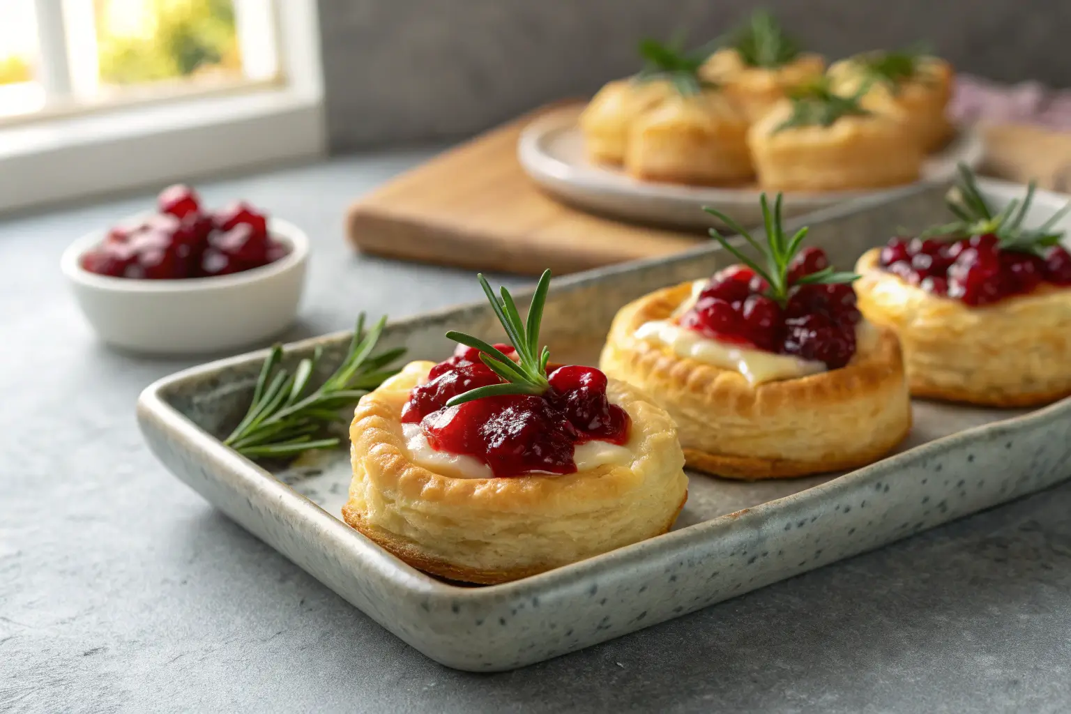 Cranberry brie puff pastry bites with golden crust and rosemary
