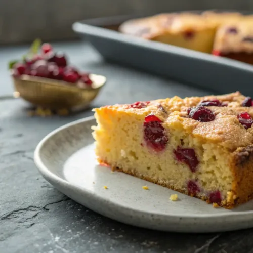 Slice of cranberry orange breakfast cake with fresh cranberries and orange zest