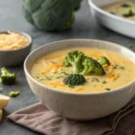 bowl of creamy broccoli cheddar soup with melted cheese on top