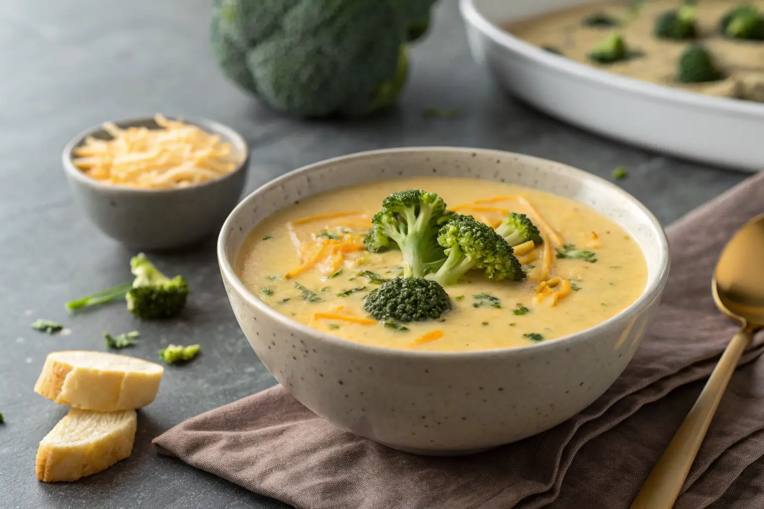 bowl of creamy broccoli cheddar soup with melted cheese on top