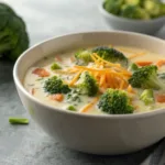 Creamy broccoli cheddar soup with potatoes and carrots in bowl