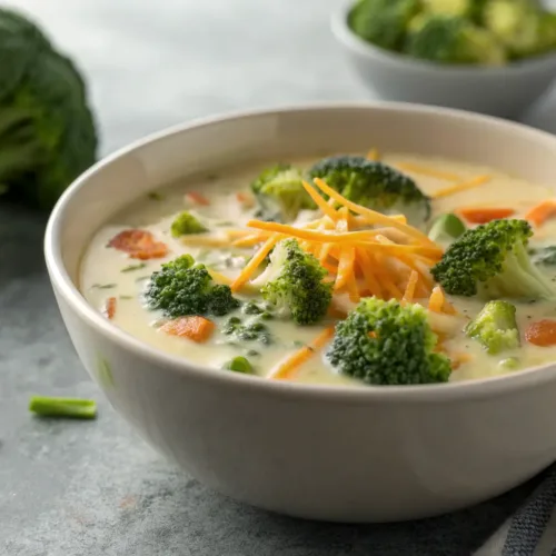 Creamy broccoli cheddar soup with potatoes and carrots in bowl