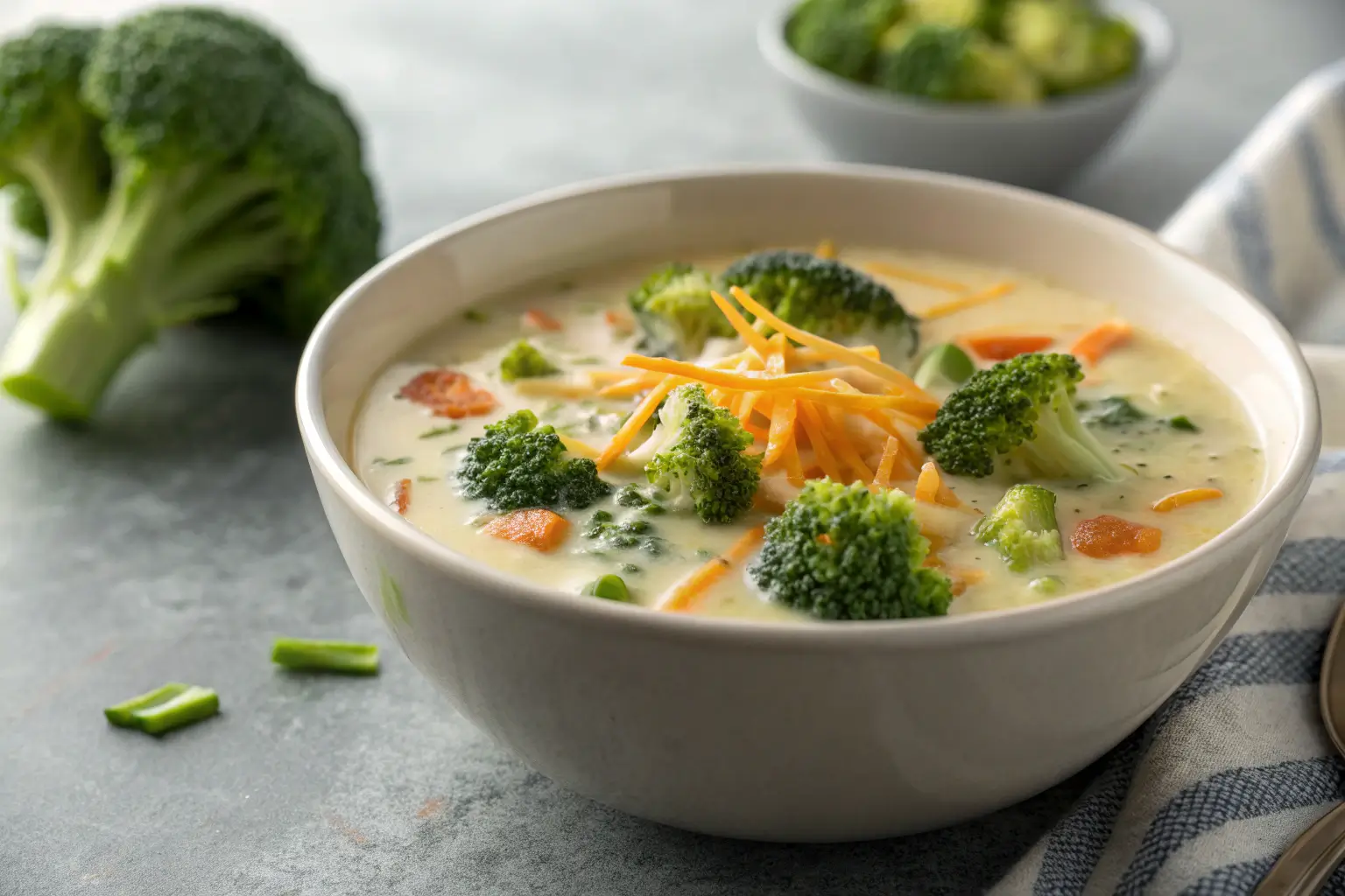 Creamy broccoli cheddar soup with potatoes and carrots in bowl