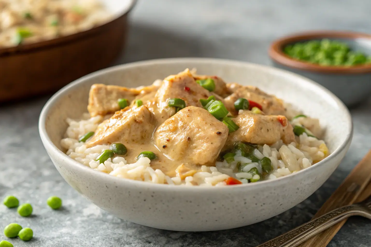 Creamy Cajun chicken and rice with peas on gray background