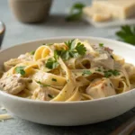 creamy chicken fettuccine pasta with Parmesan and parsley garnish