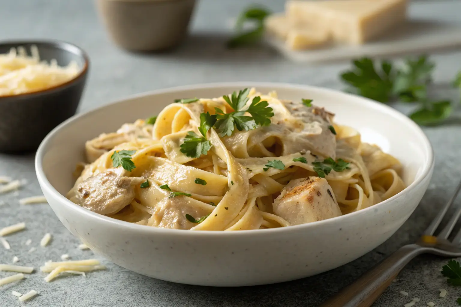 creamy chicken fettuccine pasta with Parmesan and parsley garnish